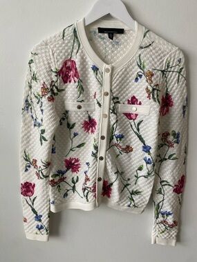 WHBM Floral Quilted Button-Up Cardigan - White with Pink & Blue Flowers